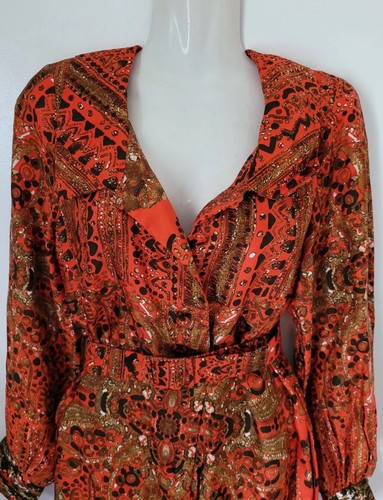 Vintage Elegance Sz M Pure Silk Red Pattern Longsleeve Long Dress - Picture 2 of 16