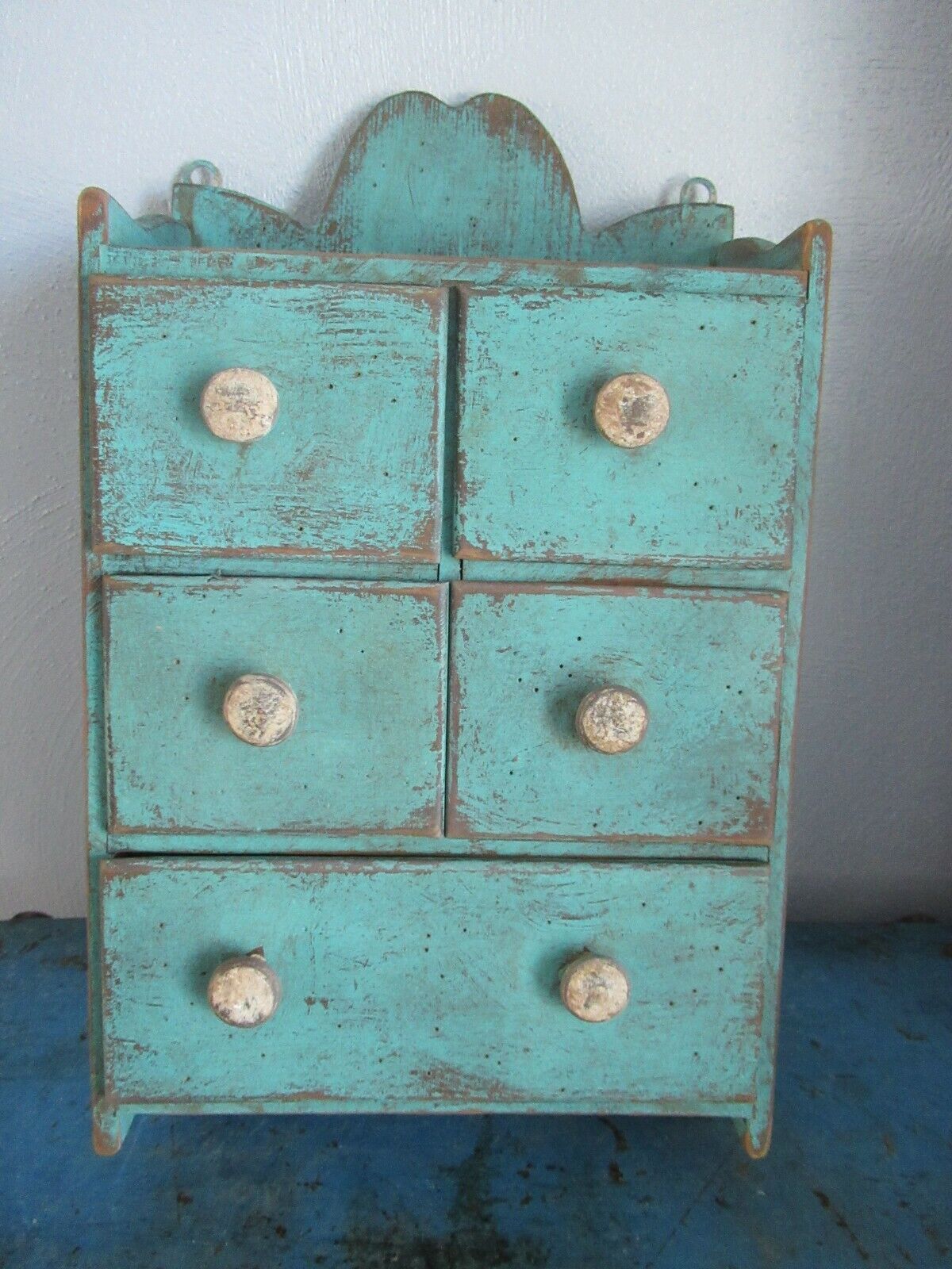 5 Drawer Vintage Spice Cabinet/Box/Cupboard/Apothecary/Chest-Blue/Green Paint