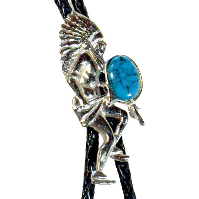 Silver Colored Indian Chief Bolo Tie - Turquoise Drum - Black Faux Leather Rope