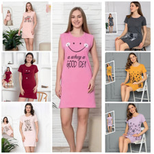 Damen Nachthemd Tunika Pyjama Schlafanzug Kurz Nachtwäsche mit Muster L-39