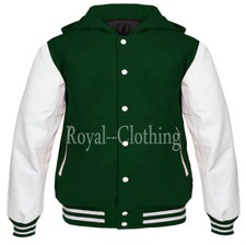 Varsity Letterman baseball Forest Green Wool white Genuine Leather Sleeve Hoodie
