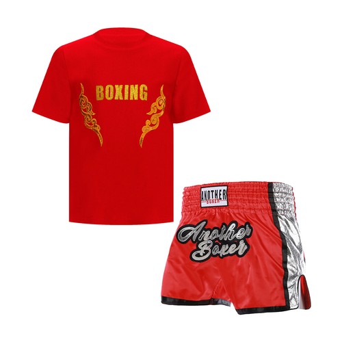 Boy Boxing Costume 2 Piece Athletic T-shirts with Muay Thai Shorts Set Tracksuit - Picture 17 of 22