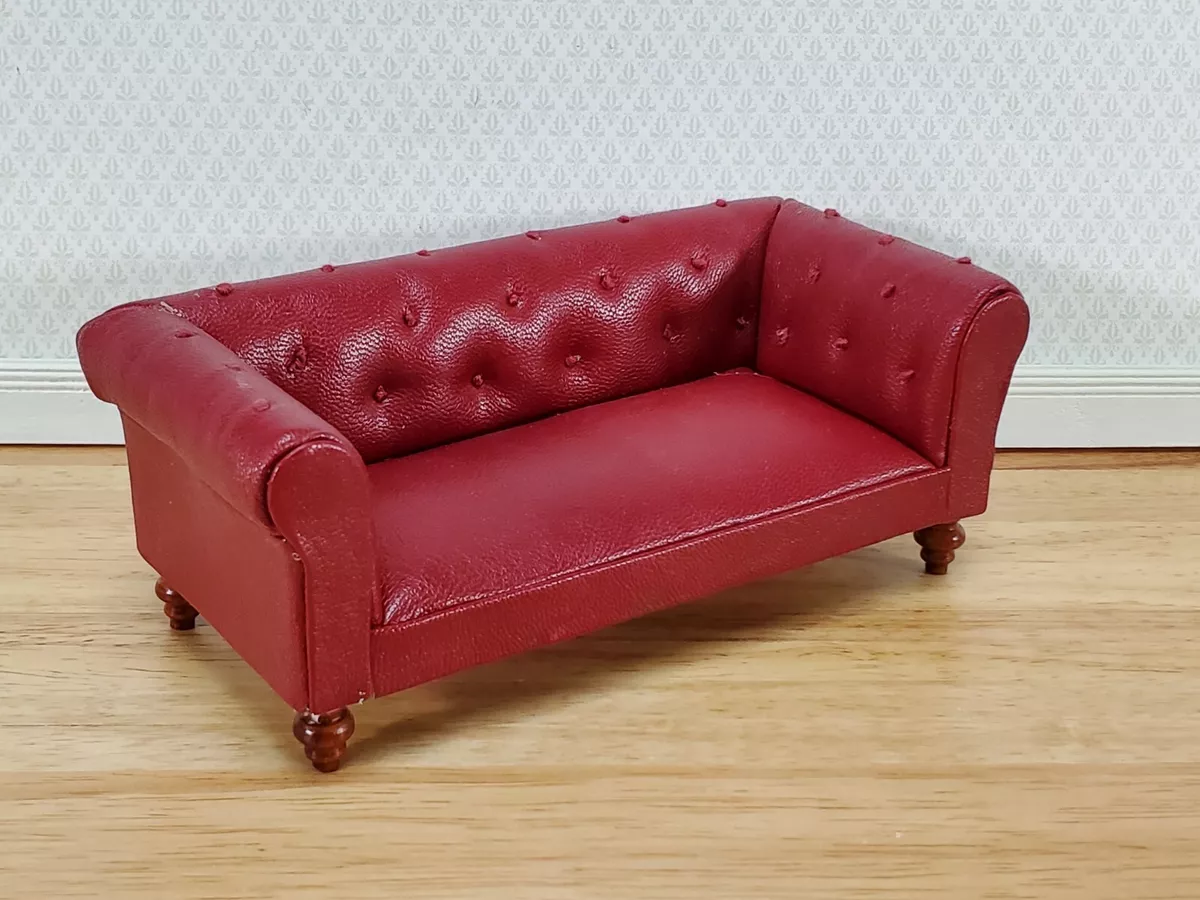 Dollhouse Sofa Couch Chesterfield Burgundy Faux Leather 1 12 Scale Miniature
