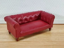 Dollhouse Sofa Couch Chesterfield Burgundy Faux Leather 1:12 Scale Miniature