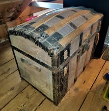 Antique mid 19th century bow dome top large steamer trunk with a lift out top