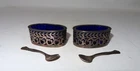 A RARE Pair of Sterling Matching Salters Set with Sterling Spoons & Cobalt Liner