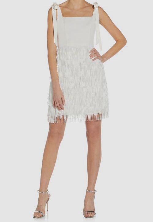 $195 Aidan Mattox Women's White Fringe Detail Crepe Cocktail Dress Size 8