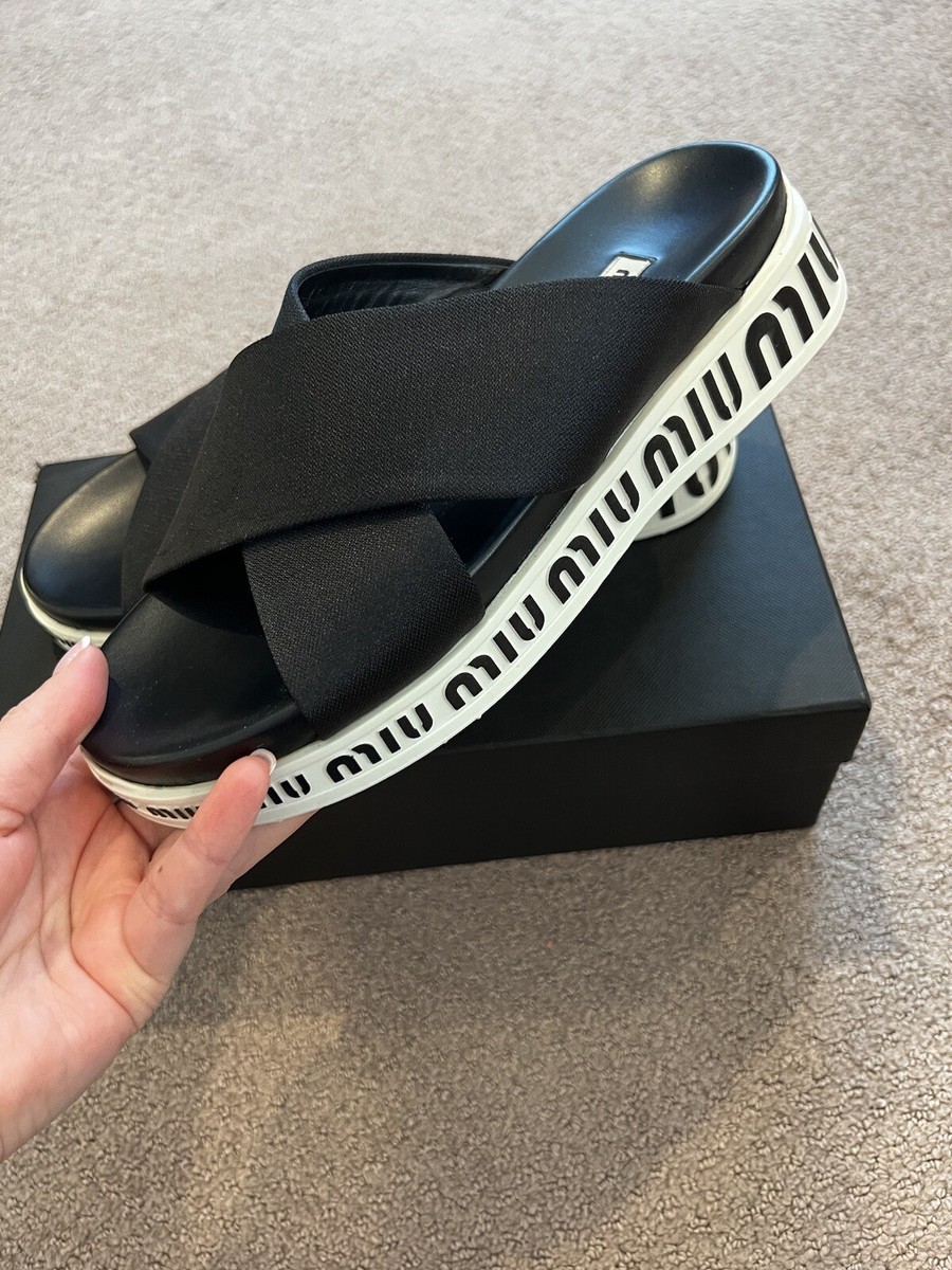 NIB MIU MIU PRADA BALTIC Black SATIN SANDALS FLATS 38 | eBay