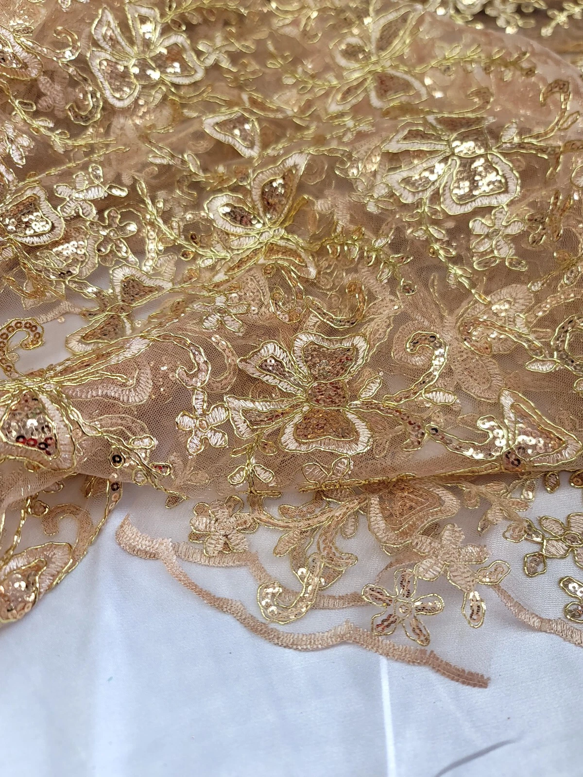 Gold Butterfly Design Lace Embroidered Sequins Fabric Sold By The Yard Prom - product detail image 2