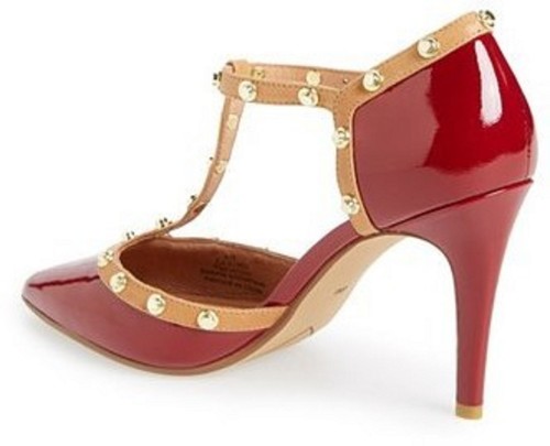 HALOGEN Martine Women's Cherry Patent Leather Studded T-Strap Pump Heel US 5.5M - Picture 2 of 6