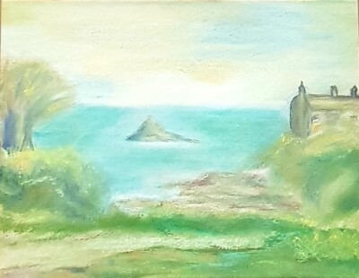 Original Pastellzeichnung von St Michaels Mount Cornwall im rustikalen Holzrahmen
