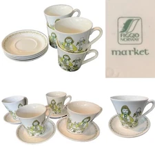 Figgjo Norway, Flint Turi Market Design Green Handpainted, SET OF 2 Cups+Saucers