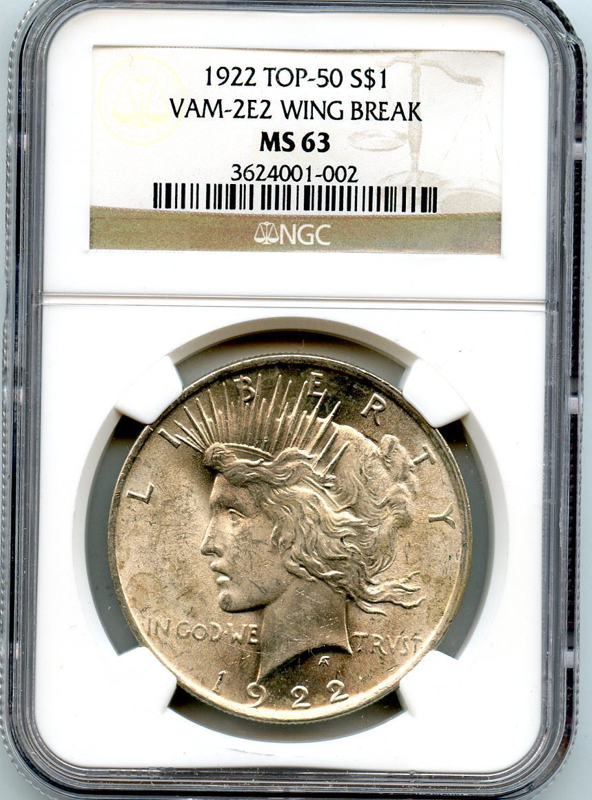 C4235- 1922 VAM-2E2 WING BREAK TOP 50 PEACE DOLLAR NGC MS63 - ONLY