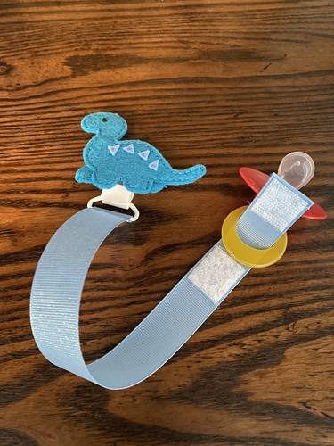 Cute Blue Dinosaur Ribbon Pacifier holder clip strap, binky, paci leash-Handmade - Picture 2 of 2