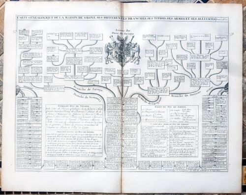 Stampa Antica Chatelain 1713 albero genealogico Savoia con alleanze e parentele - Imagen 1 de 8