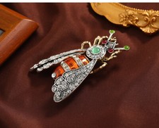 Large Statement Crystal Wings Bee Vintage Art Deco Brooch Pin Silver Insect Gift