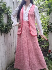 Vintage 70s Hippie Pink  White Floral Print Vest  Maxi Skirt Set - Sz S
