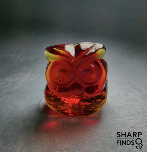 Blenko Glass Owl Paperweight 2022 Signed Red Amber UV Reactive 3.5"