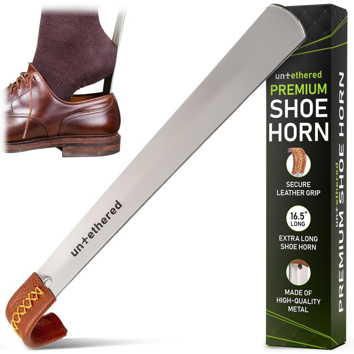 Long Metal Shoe Horn with Leather Handle | Durable Shoe Spoon for