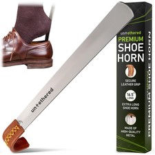 Long Metal Shoe Horn with Leather Handle Durable Shoe Spoon for Seniors, Me...