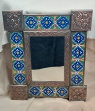Vintage Tin Mirror Mexican Folk Art Talavera Tile Clay Blue Green Yellow Boho