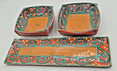 Earthworks Barbados 3 Piece Set Bowls & Tray Handmade Pottery Folk Art FREE SHIP