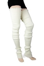 Womens Cable-Knit Leg Warmers, Ivory, Super Long, Soft, Thigh High, 80s