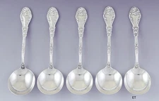 Nice set 5 Durgin Sterling Silver Marechal Niel Large Gumbo Soup Spoons C Mono
