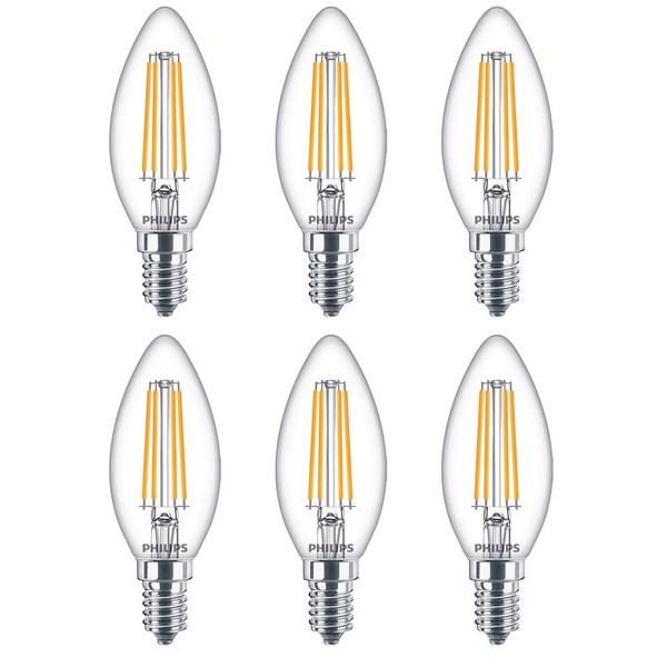 6 X Philips Led Filament Leuchtmittel Kerzenform 6,5W = 60W E14 Klar Warmweiß-image