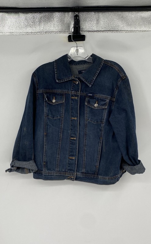 Izod Womens Blue Long Sleeve Pockets Button Front Trucker Jacket Size Medium