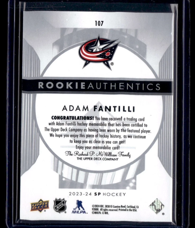 2023-24 SP Hockey - Rookie Authentics Jersey - 107 Adam Fantilli, Columbus NM - Image 2 of 2