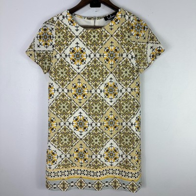 Lulus Dress XS Yellow Ivory Baroque Tile Print Mod Shift Mini Resort Travel