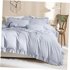  Washed Cotton Ruffle Duvet Cover Size,3 Pieces Farmhouse King Cornflower Blue