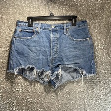 Levis Women  s 501 Button Fly Raw Hem White High Rise Denim Jean Shorts Size 33