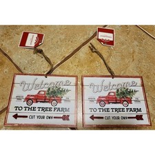New HOLIDAY TIME Set of 2 Ornaments Wood Vintage Look - Red Truck Tree Farm 6"