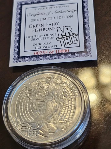1-1oz  2016  Hobo Nickel  “Green Fairy Fishbone”.999 Fine Silver Round Proof COA