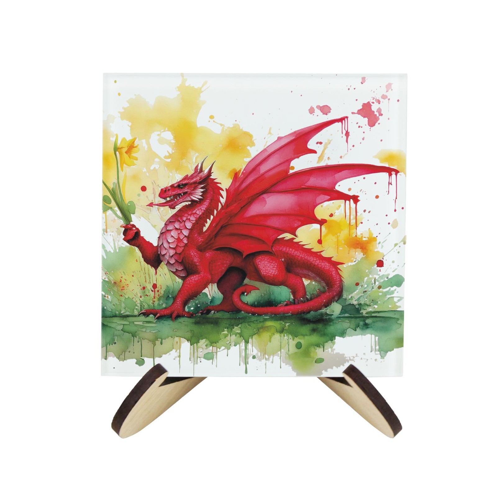 Welsh Dragon Glass Coaster Set - Daffodils Wales Souvenir - Set of 4 & Stand