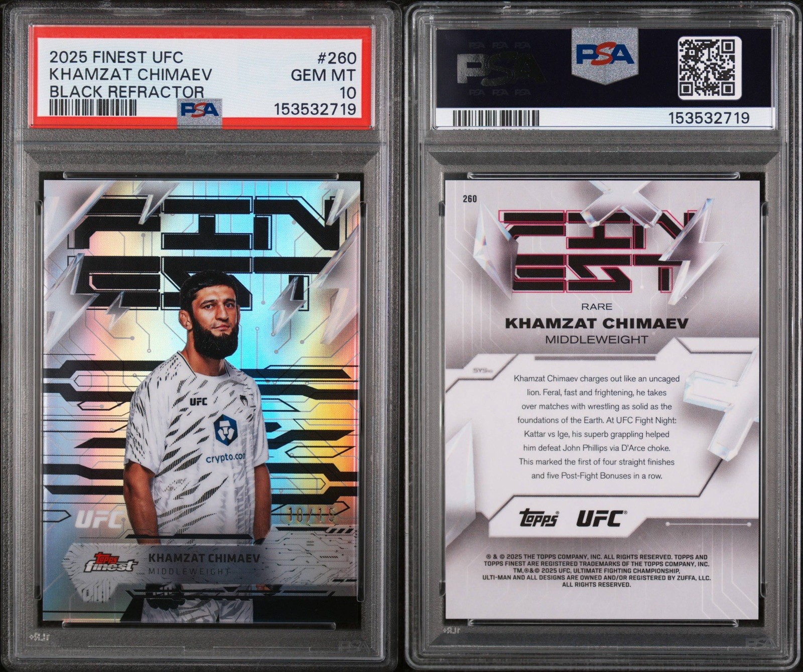 2025 Topps Finest UFC - Rare Khamzat Chimaev #260 Black Refractor /15 PSA 10 view 1