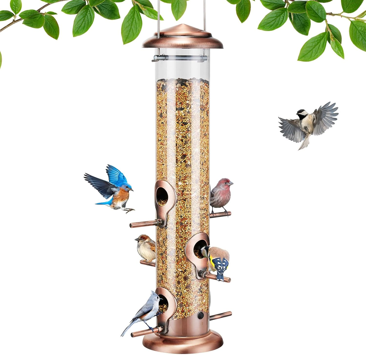 Metal Bird Feeders for Outdoors Hanging, Tube Bird Feeder with 6 Feeding Ports,