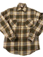 JCPenny Big Mac Mens M Tan Green Plaid Flannel Shirt Vintage 70’s Cotton Blend