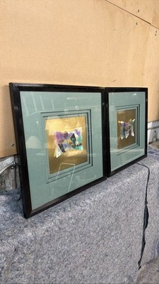 Set of 2 Signed Vintage Mixed Media Art Set Framed Gold Matted Decor 17.5 