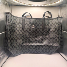 Coach Signature Black/Gray Large Tote Leather Double Handles Charm Card Pockets