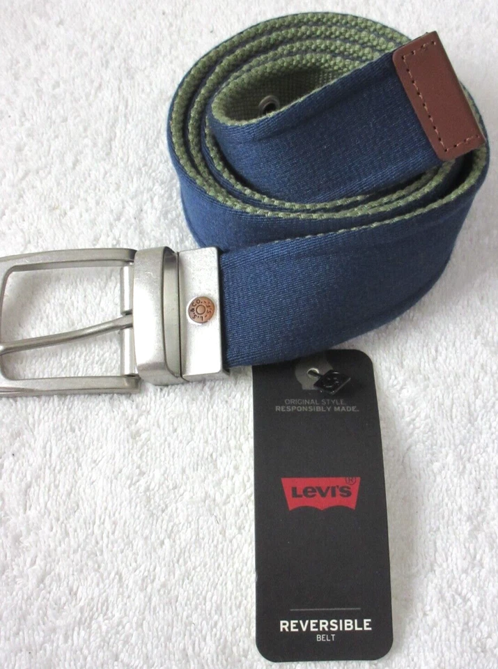 Levi's 男式双面帆布腰带海军蓝橄榄绿色金属标志扣全新带标签 — 第 2/4 张图片