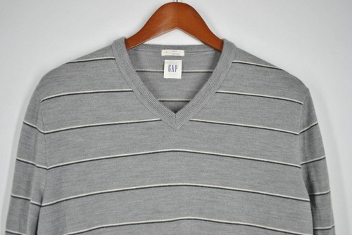 Merino Wool Sweater GAP Mens L Gray Striped Slim Fit Preppy V Neck Jumper Golf - Picture 3 of 13
