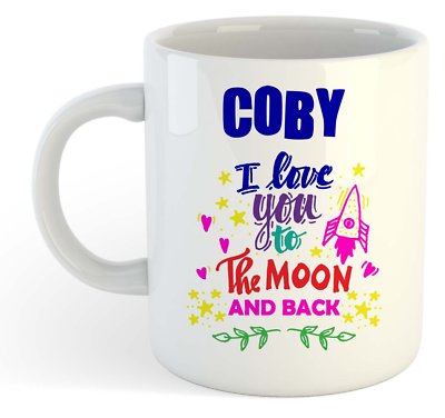 Coby - I Love You Zum Mond und Rücken Becher Blau - Lustig Namen Valentin Becher