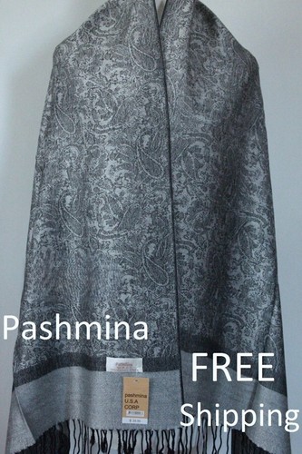 Women's Pashmina Scarf Wrap Shawl,Silk Cashmere Paisley Silver/Black*Soft*027 - Afbeelding 2 van 3