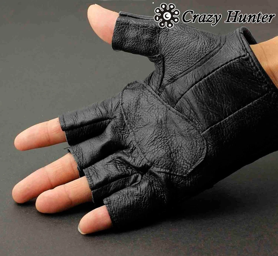 Men's Leather Metal Stud Biker Punk Rocker Driving Motorcycle Fingerless Gloves - Image 3 of 4
