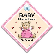 Personalised Baby on Board Car Sign, Pink Teddy Design, 14 x 14 cm, Custom Name