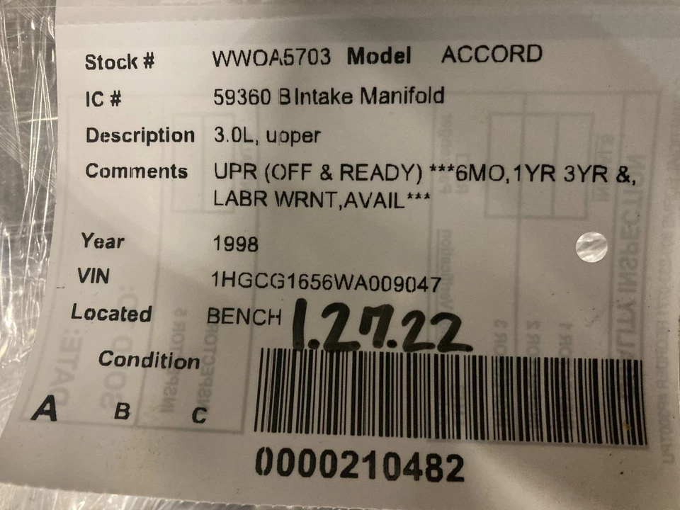 Used Upper Engine Intake Manifold fits: 1998 Honda Accord 3.0L 6 cylinder Grade Foto 4 de 4