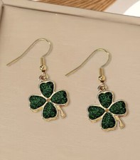 St. Patricks Day Dangle Earrings Four Leaf Clover Gold Bling Shamrock